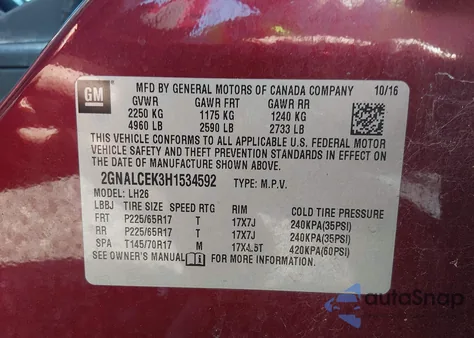 2017 Chevrolet Equinox Lt from USA, damaged, VIN 2GNALCEK3H1534592